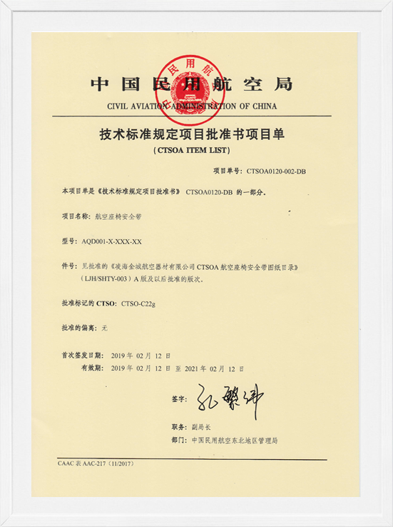 凌海Z6尊龙凯时CTSOA项目单-航空座椅安全带